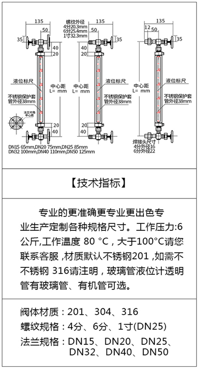 高溫高壓鍋爐液位計技術(shù)指標圖