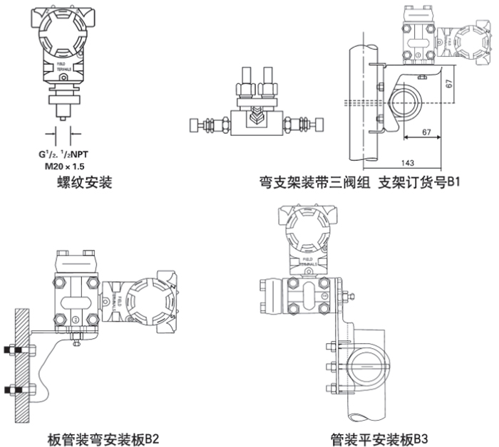 衛(wèi)生型差壓變送器安裝方式示意圖