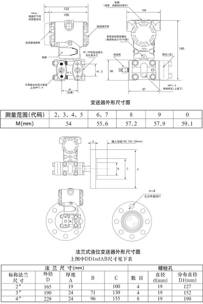 衛(wèi)生型差壓變送器規(guī)格尺寸表